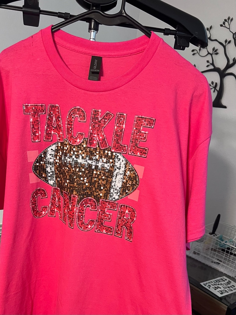 Gildan Hot Pink Short Sleeve Tee with Sequin Football & 'TACKLE CANCER' Graphic